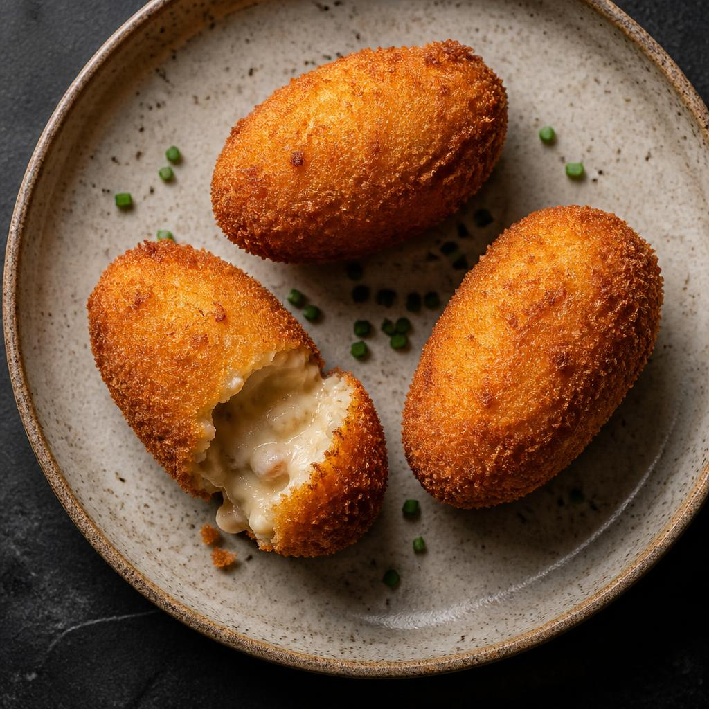 Macro de una croqueta partida: costra crujiente dorada e interior suave
