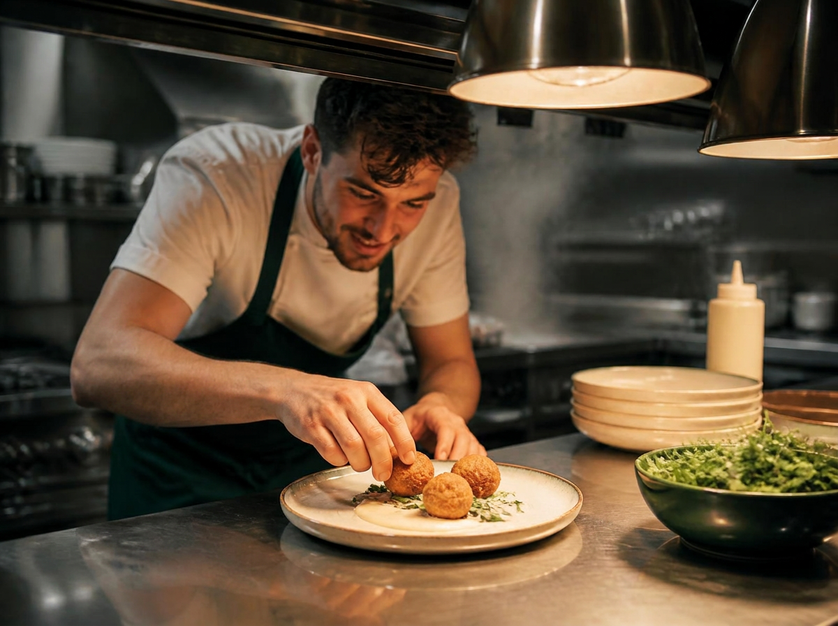 Cocinero emplatando croquetas recién hechas en la cocina de un restaurante